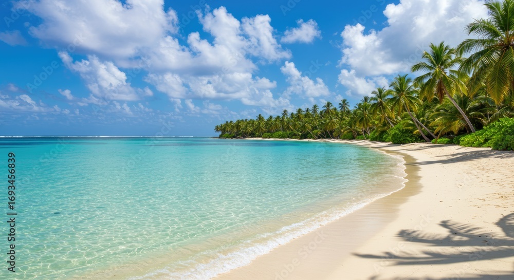 Fototapeta premium Idyllic Tropical Beach Paradise with Crystal Clear Turquoise Water and Palm Trees