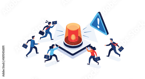 Urgent business team races towards flashing emergency light signaling critical alert or crisis situation