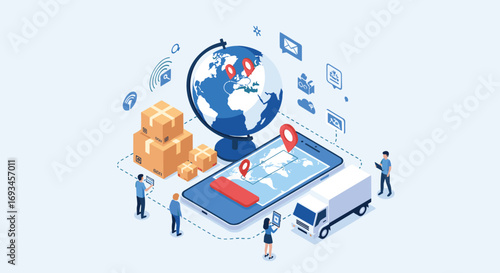 Seamless global logistics managed via smartphone connecting supply chain with worldwide delivery
