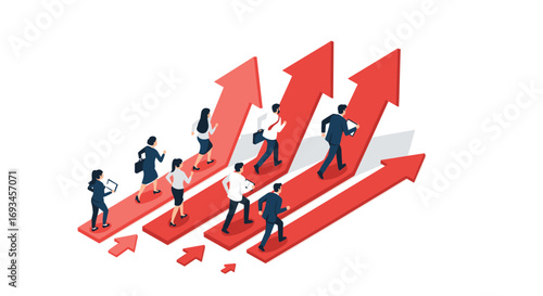 Driven professionals ascend red arrows symbolizing success, growth, and career advancement.