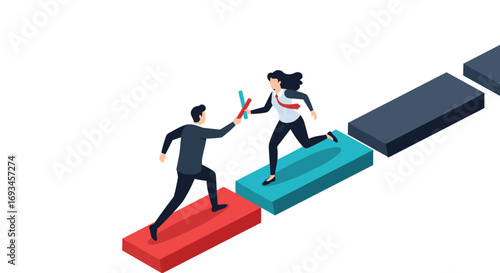 Dynamic business team passing baton on stepping stones symbolizing progress and collaboration
