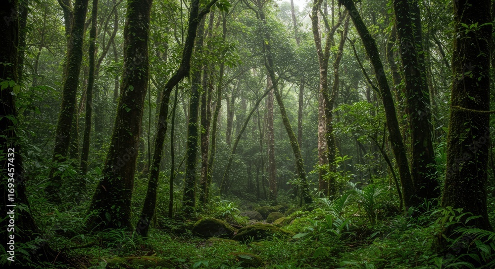 Fototapeta premium Lush Green Rainforest Canopy with Misty Atmosphere