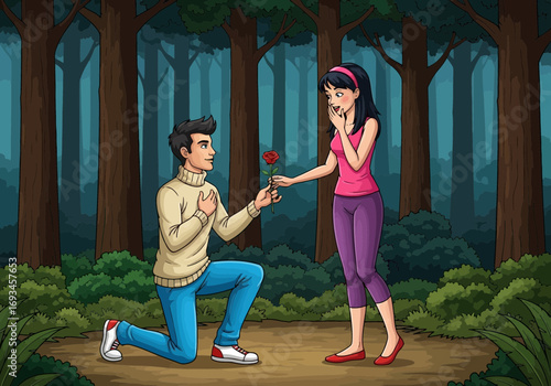 Man proposes to woman with a rose in a forest setting