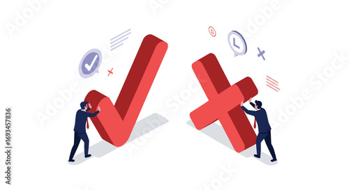 Business decision making concepts with businessmen pushing checkmark and cross symbols for success