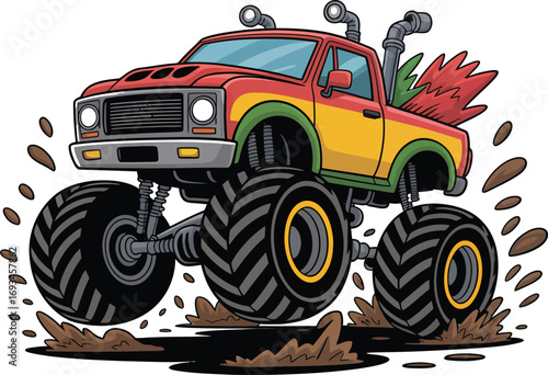 Big red monster truck splashing water silhouette