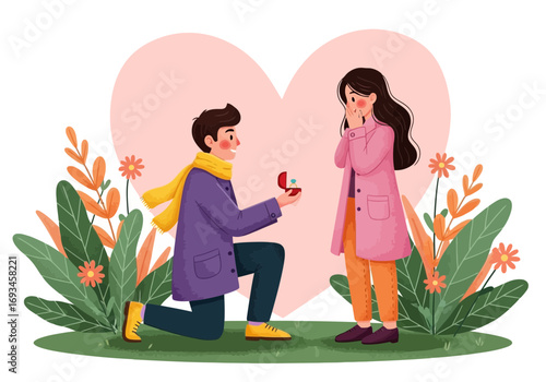 Man proposes to woman with engagement ring in a romantic setting