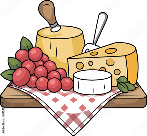 Elegant cheese board with grapes and crackers silhouette illustration