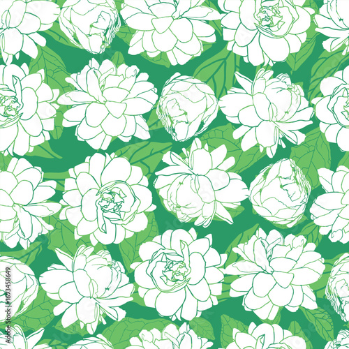 Vector white and green rows of tightly arranged Jasminum sambac or Arabian Jasmine flower monochrome seamless repeat pattern 02. Suitable for textile, wallpaper and gift wrap.
