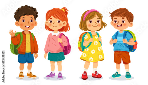 Colorful cartoon vector illustration of four cheerful school children standing together with backpacks