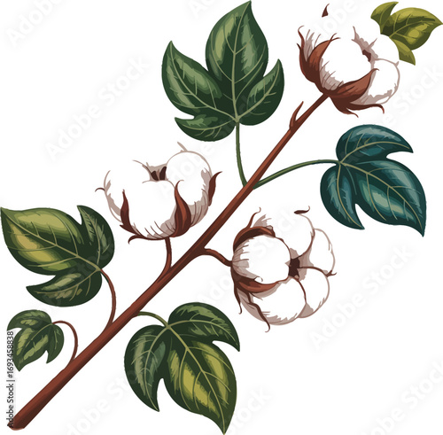Stylized cotton plant branch with bolls silhouette design