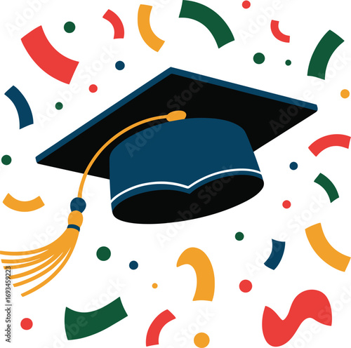 Graduation cap and confetti celebration silhouette banner design