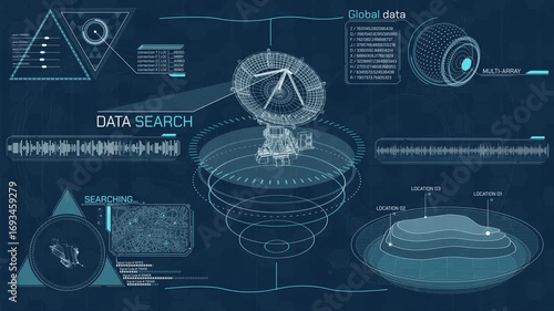 Animated screen with a satellite dish antenna, displaying data search