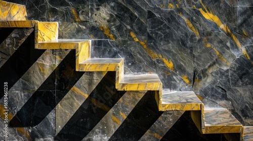 Marble Staircase with Yellow and Black Veined Stone Steps on Dark Marble Wall Background