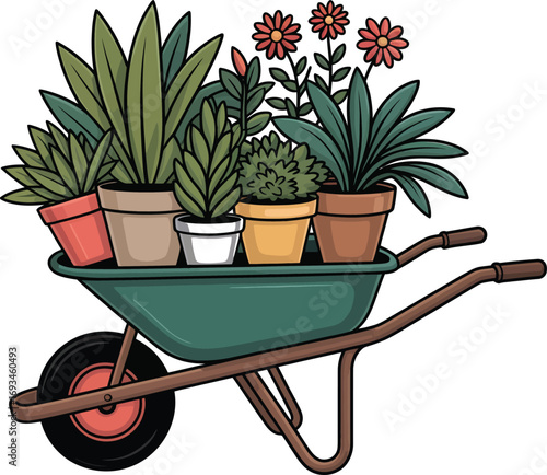 Wheelbarrow filled with potted plants silhouette for gardening and spring themes