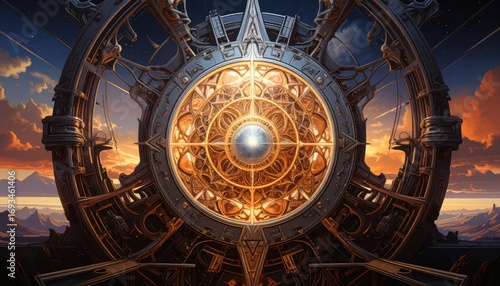 Fototapeta Naklejka Na Ścianę i Meble -  A magnificent, intricate, steampunk-inspired wheel structure, with a detailed golden center, overlooks a desert landscape at sunset.