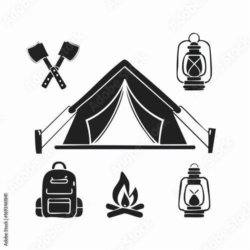 Camping equipment arranged on white surface suggests outdoor adventure and wilderness exploration, evoking a sense of freedom and connection with nature.
