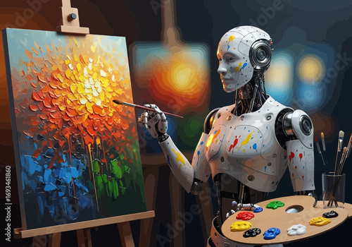 Robot artist painting a vibrant abstract masterpiece