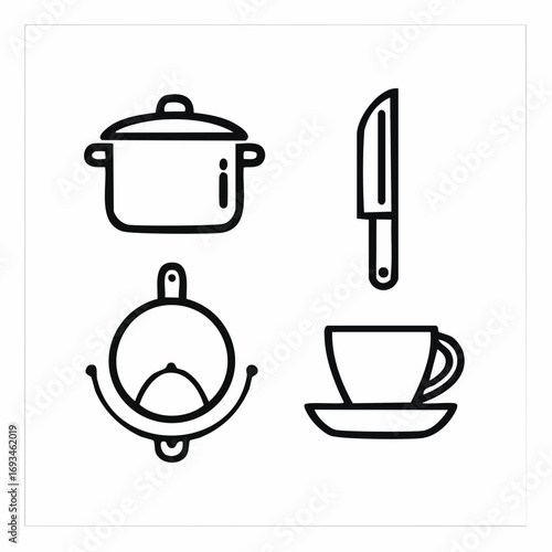 Minimalist kitchenware outlines arranged neatly on white surface represent cooking and food preparation in a simple, modern style.