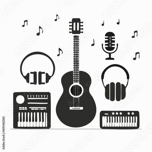 Musical instruments arranged on white surface with notes floating around creating a harmonious and creative atmosphere for music lovers.