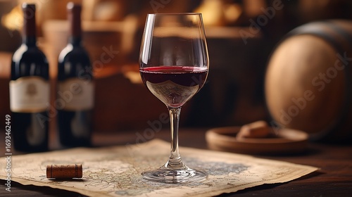 Red wine glass, bottles, and aged map.  Rich, dark hues in a cellar