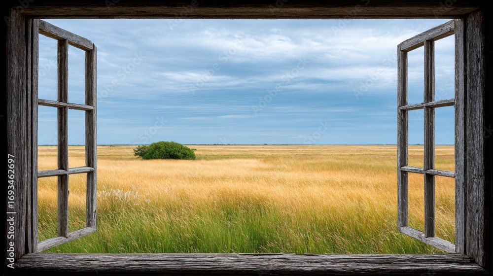 Fototapeta premium Open Window View to Green Garden and Nature Landscape
