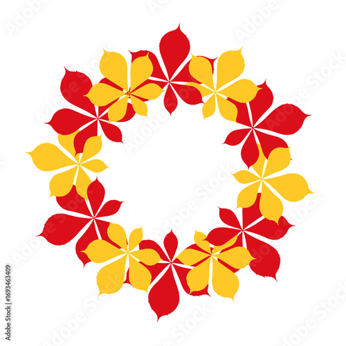 A beautiful circular arrangement of red and yellow autumn leaf shapes forming a decorative autumnal border design