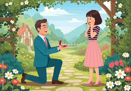 Man proposing to woman in garden