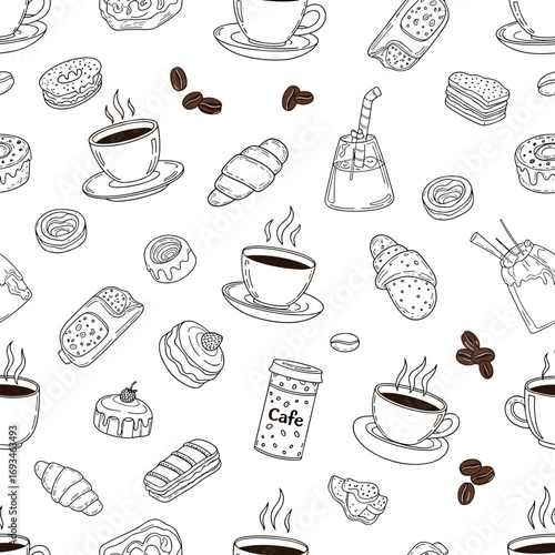 Seamless pattern featuring hand drawn coffee drinks pastries and baked goods for cafe ambiance