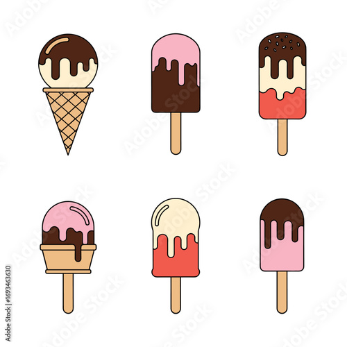 Collection of six delicious ice cream treats featuring various flavors and shapes perfect for a sweet summer day