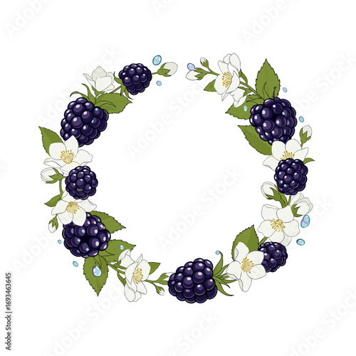 Delicate wreath adorned with ripe blackberries and fragrant white flowers perfect for spring summer celebrations and invitations