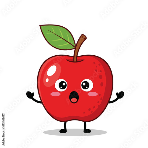 Adorable red apple character with big surprised eyes and open mouth