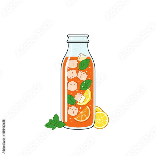 Refreshing iced citrus beverage with mint and orange slices in a clear glass bottle