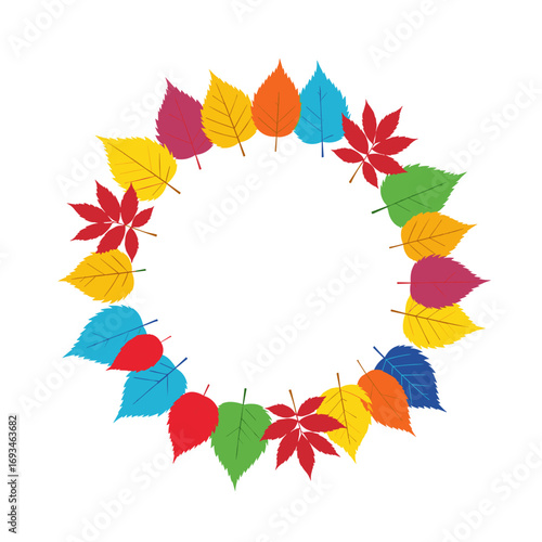 A vibrant circular arrangement of colorful autumn leaves forming a decorative border on a white background