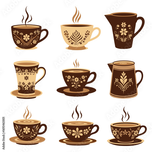 Collection of elegant coffee cups and creamers with floral patterns and steaming hot beverages perfect for morning rituals and cozy moments