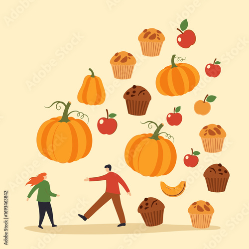 Autumn harvest festival celebration gathering food fruits pumpkins muffin desserts outdoor scenic view enjoying seasonal abundance