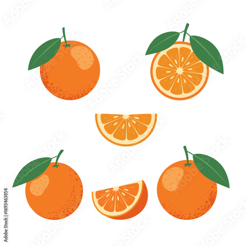 Fresh juicy oranges whole sliced half and wedges with green leaves for healthy lifestyle