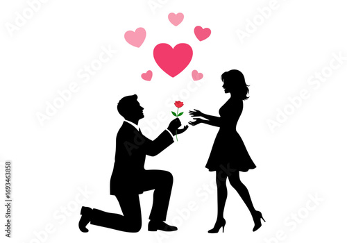 Silhouette of a man proposing to a woman with a rose