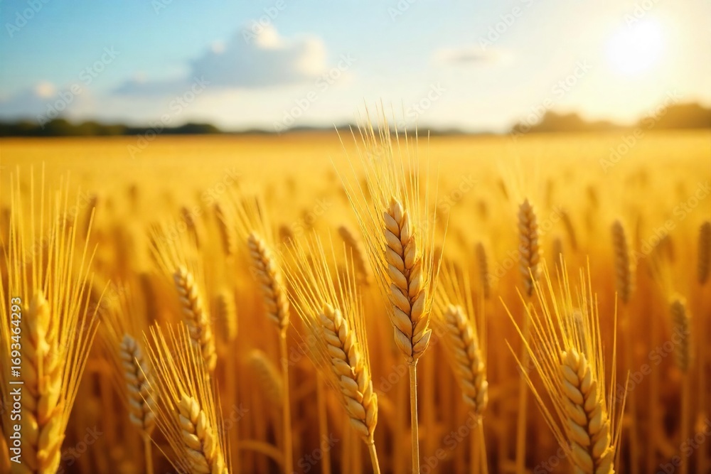Fototapeta premium Golden wheat field ripe for harvest, sunlit stalks swaying gently in the breeze Abundant crop, rich color, rural landscape, autumnal scene , golden wheat, yellow wheat, wheat