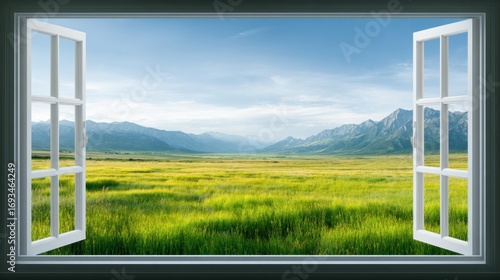 Open Window View to Green Garden and Nature Landscape