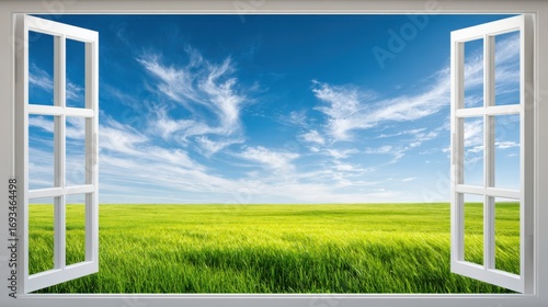 Open Window View to Green Garden and Nature Landscape