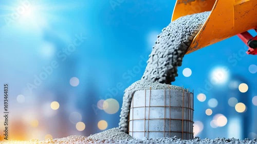 Concrete pouring construction site steel reinforcement industrial urban development blue sky bright progress engineering building foundation