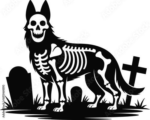 Creepy german shepherd skeleton in a spooky cemetery silhouette
