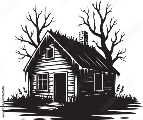 Creepy Cabin in Woods Halloween Silhouette Vector