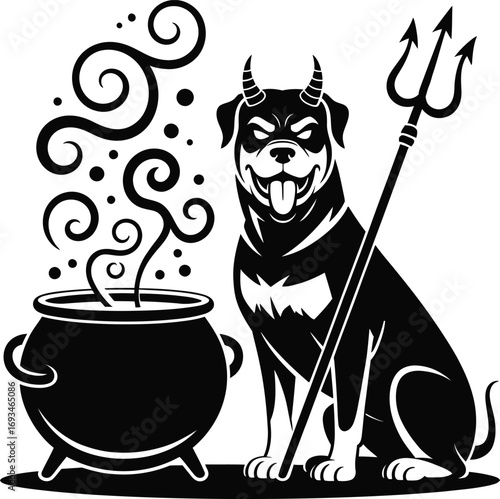 Fierce devil rottweiler holding a trident and cauldron silhouette