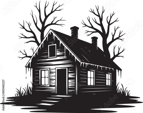 Creepy Cabin in Woods Halloween Silhouette Vector
