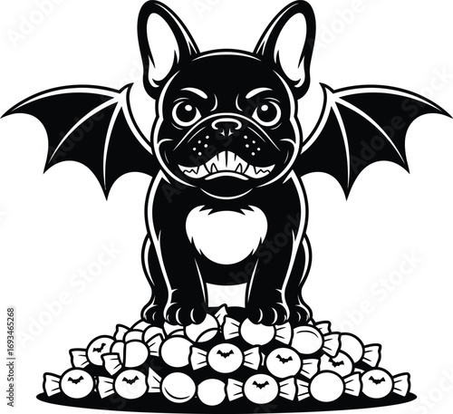 Evil french bulldog bat guarding pile of candy silhouette design