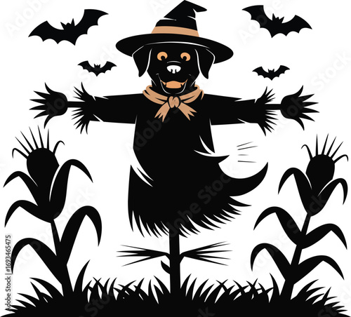 Friendly dog scarecrow in a cornfield silhouette