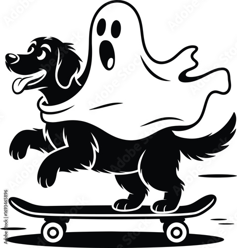 Happy dog ghost character riding a skateboard silhouette