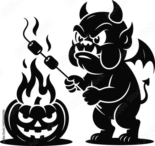 Friendly monster roasting marshmallows over a campfire silhouette