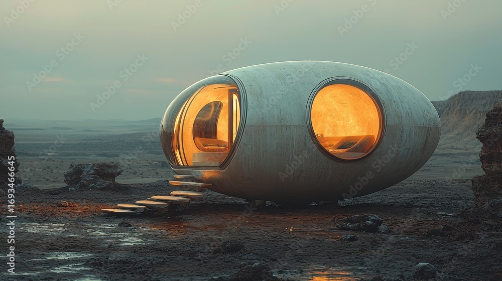 Obraz premium Futuristic egg-shaped dwelling in desolate landscape